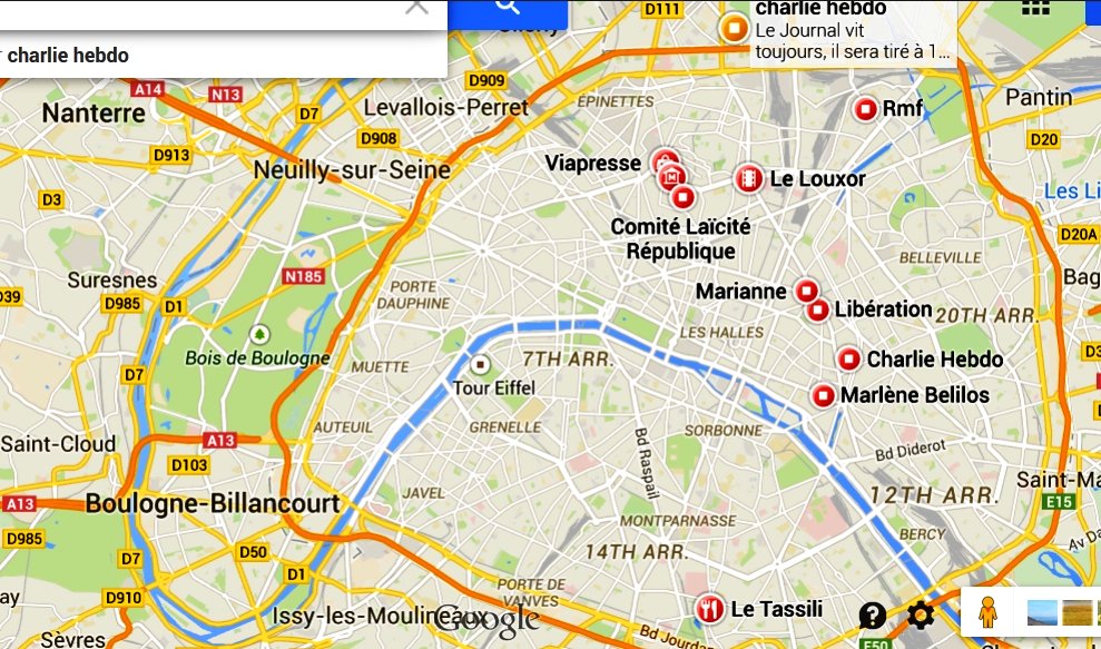 Paris map showing Charlie-Hebdo
